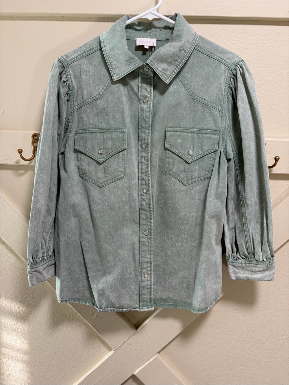 entro Stonewashed Green Denim Shirt with pearl snaps and cute details